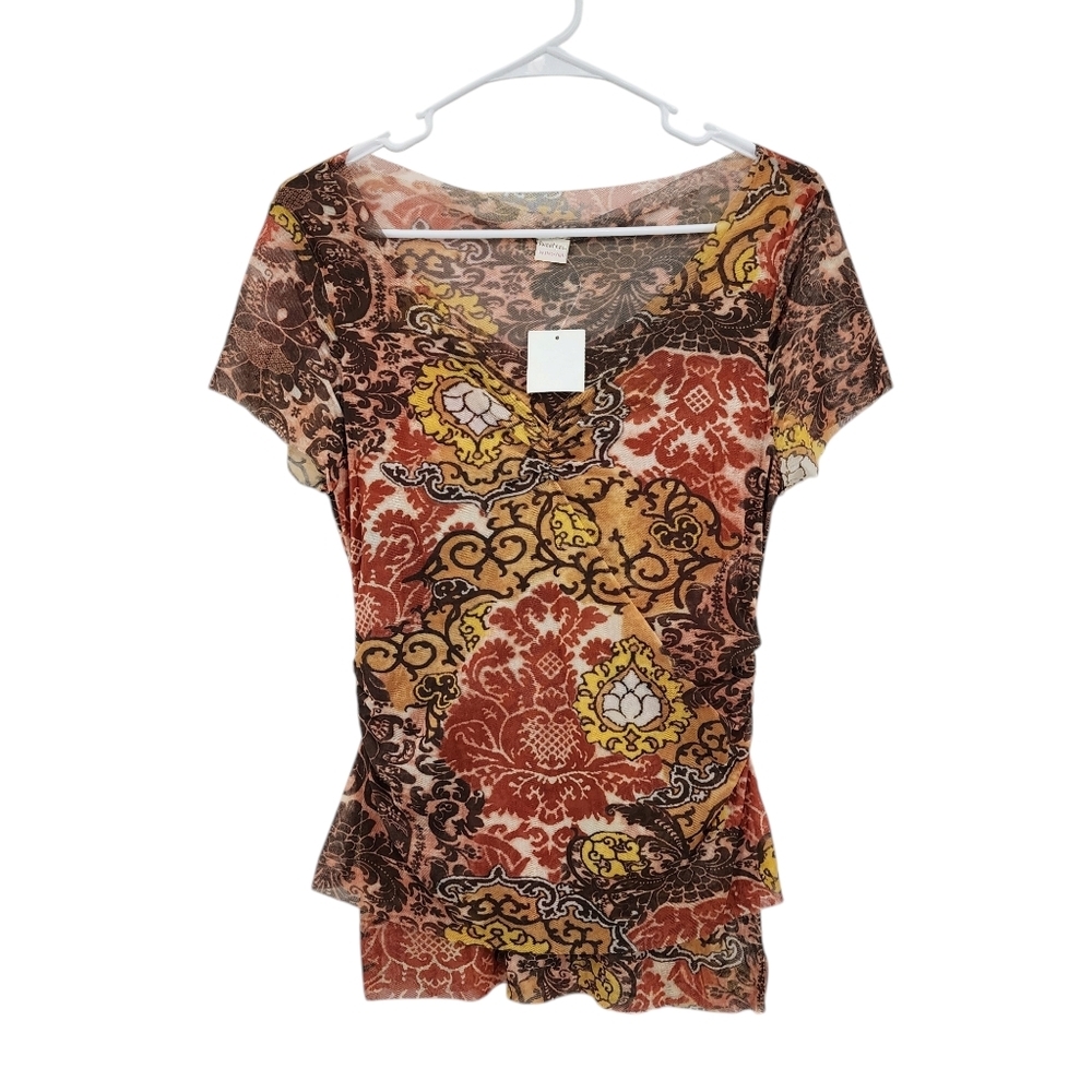 Sweet Pea Women's Plus Mesh Paisley Print Ruched Fitted Y2K Artsy Top - 1X